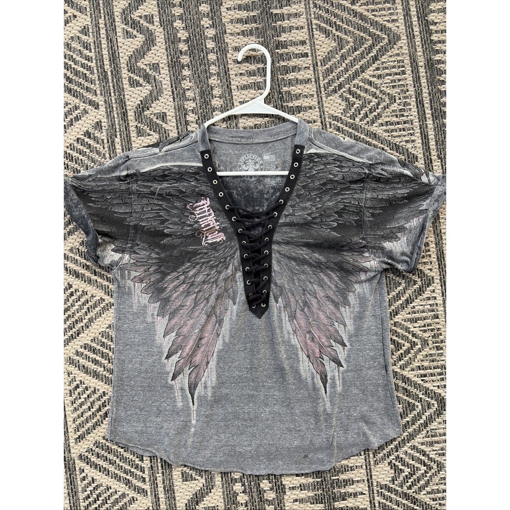 Affliction Gray AGE OF WINTER RUST Lace Up Rolled Sleeve Angel Wings Tee Shirt L